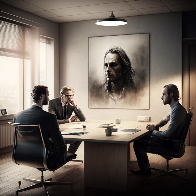 Un homme assis à une table avec une affiche d'un homme aux cheveux longs et à la barbe.