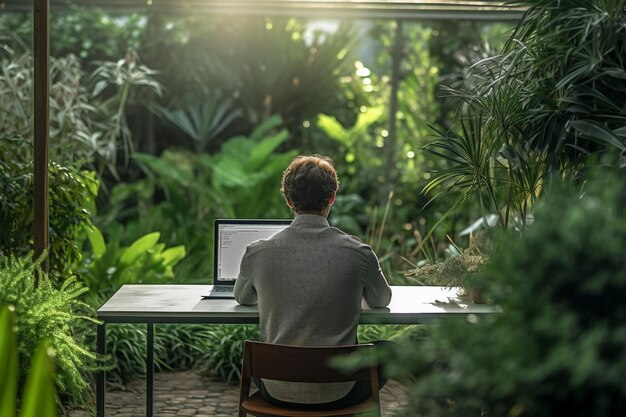 Un homme assis sur une table à l'extérieur à l'aide d'un ordinateur portable dans un jardin avec Generative AI