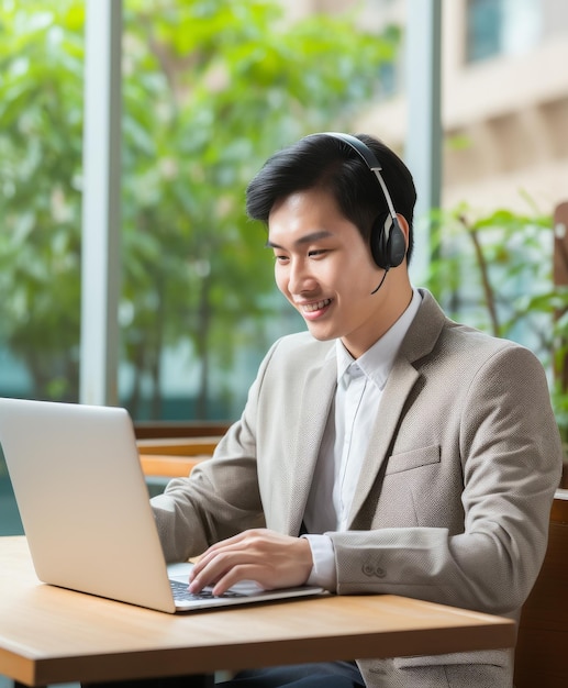 Un homme assis à table avec un ordinateur portable et un casque