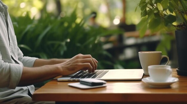 un homme assis à une table avec un ordinateur portable et une tasse de café