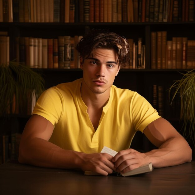 Photo homme assis à table près d'une bibliothèque