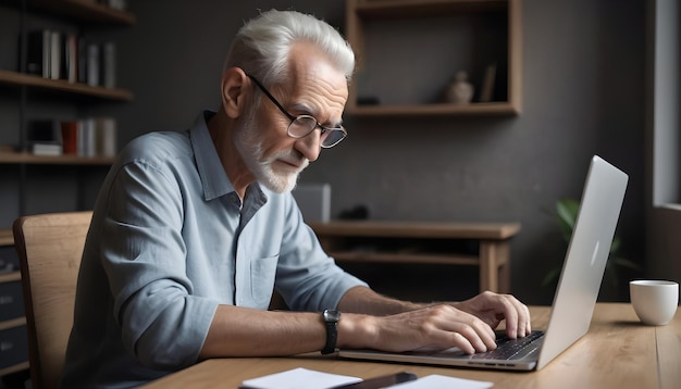 Photo un homme assis à une table en utilisant un ordinateur portable travaillant sur un ordinateur portatif à un bureau