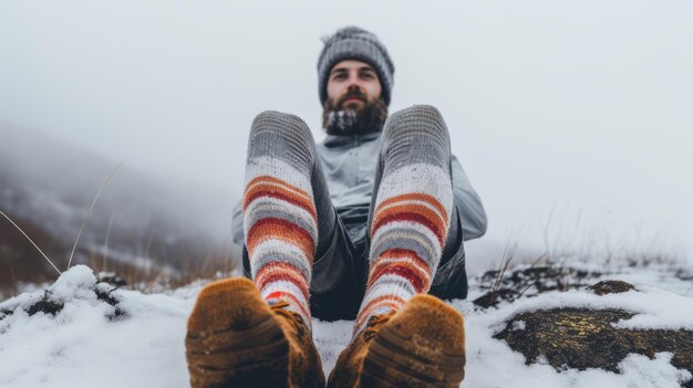 Un homme assis sur un terrain couvert de neige