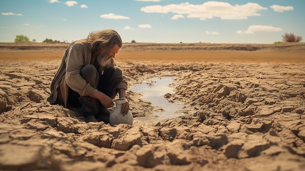 Un homme assoiffé récupère l’eau d’une source sèche