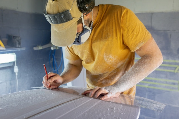 Homme d'atelier de modélisation de planche de surf perfectionnant la modélisation d'une planche de surf