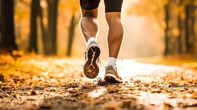 Un homme athlète courant dans des baskets à travers la forêt en automne