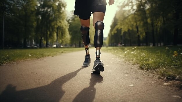 Homme athlétique avec jambe prothétique s'exécute à l'extérieur de l'exercice et du concept de sport