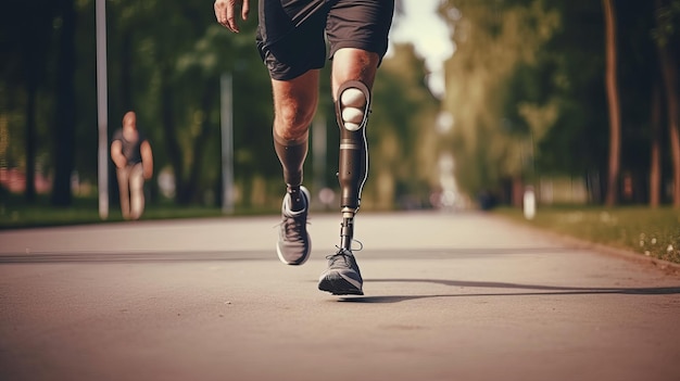 Photo homme athlétique avec jambe prothétique s'exécute à l'extérieur de l'exercice et du concept de sport