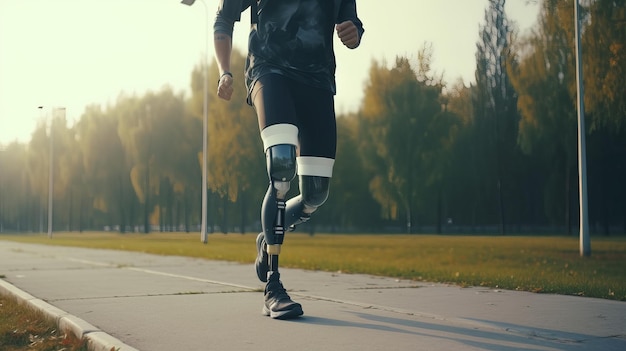 Homme athlétique avec jambe prothétique s'exécute à l'extérieur de l'exercice et du concept de sport