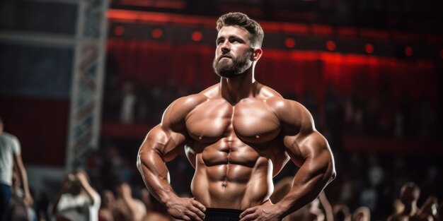 Photo un homme athlétique puissant, un beau culturiste caucasien dégagant de force et de confiance dans la forme physique, des muscles déchirés, des abdominaux sculptés, des biceps gonflés, posant sur un fond de gymnase.