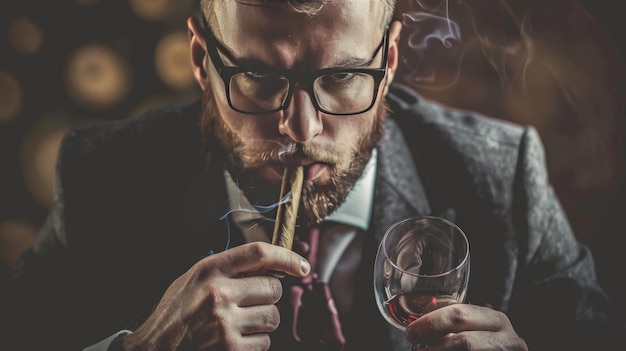 Un homme attrayant avec un cigare et un verre de vin dans les mains.