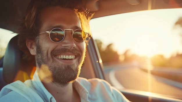 Un homme attrayant, élégant et heureux dans une bonne voiture.