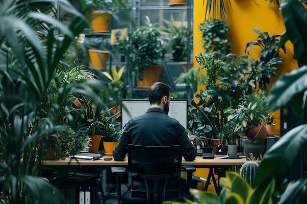 Un homme au bureau entouré de plantes