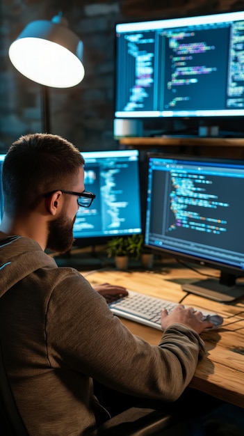 Homme au bureau avec plusieurs ordinateurs