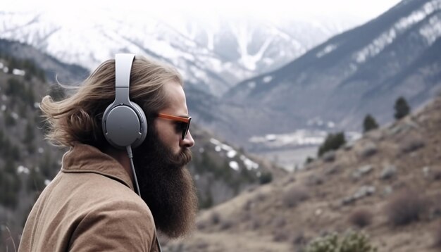 L'homme au casque dans les montagnes dans la nature médite se détend et prend soin de la santé mentale générée par l'IA