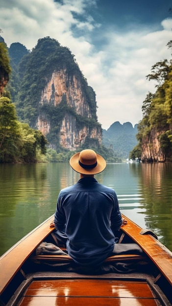 un homme au chapeau est assis dans un bateau