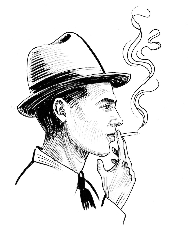 Photo homme au chapeau fumant une cigarette. dessin noir et blanc à l'encre