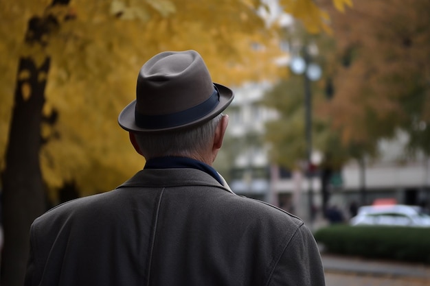 Un homme au chapeau gris marche dans la rue devant un arbre aux feuilles jaunes.