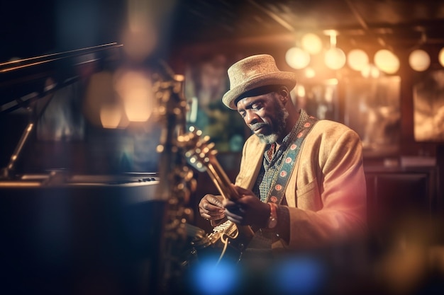 Un homme au chapeau joue du piano.