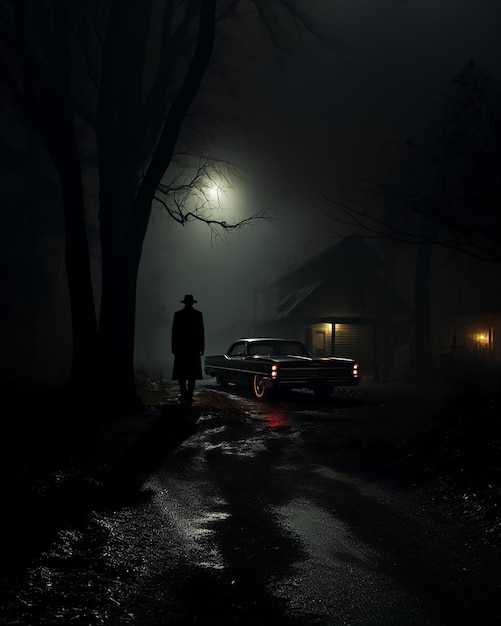 Un homme au chapeau noir et une voiture se tiennent près d'une maison la nuit.
