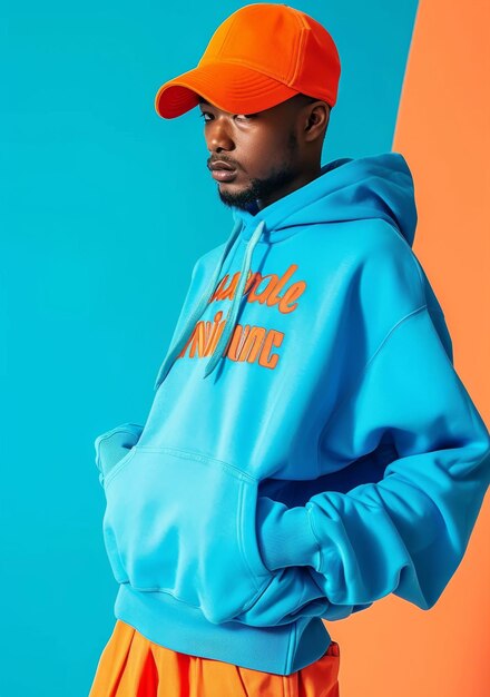 Homme Au Chapeau Orange Et Sweat Bleu