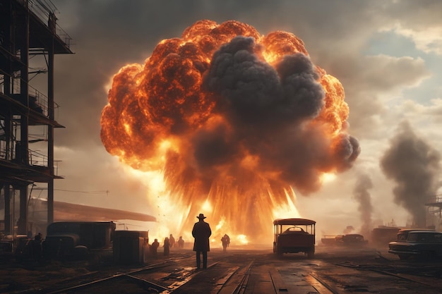 L'homme au chapeau regardant l'explosion de la bombe atomique