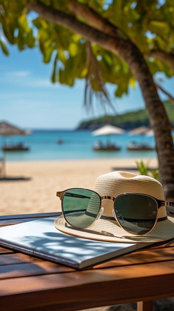 L'homme au chapeau repose sur la plage tient une tablette avec un écran blanc vierge Fond d'écran mobile vertical