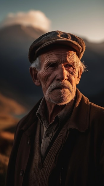 Un homme au chapeau se tient devant un coucher de soleil