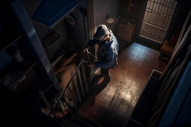 Un homme au chapeau se tient sur un escalier dans une pièce sombre avec une lumière qui brille sur le sol.