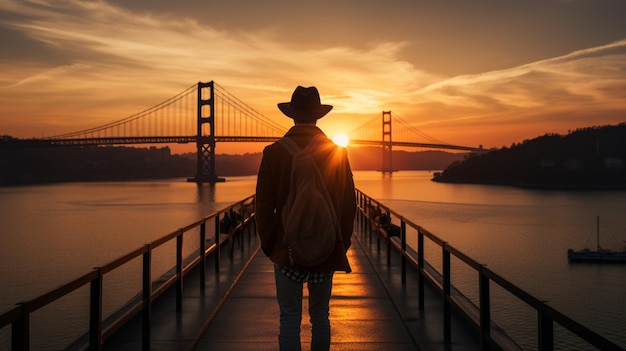 Un homme au chapeau traverse un pont au lever du soleil