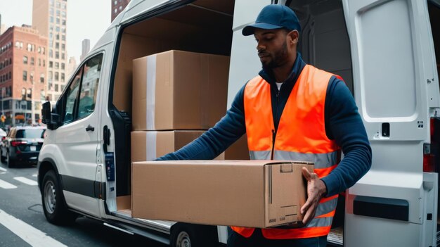 Photo l'homme au gilet orange tient la boîte