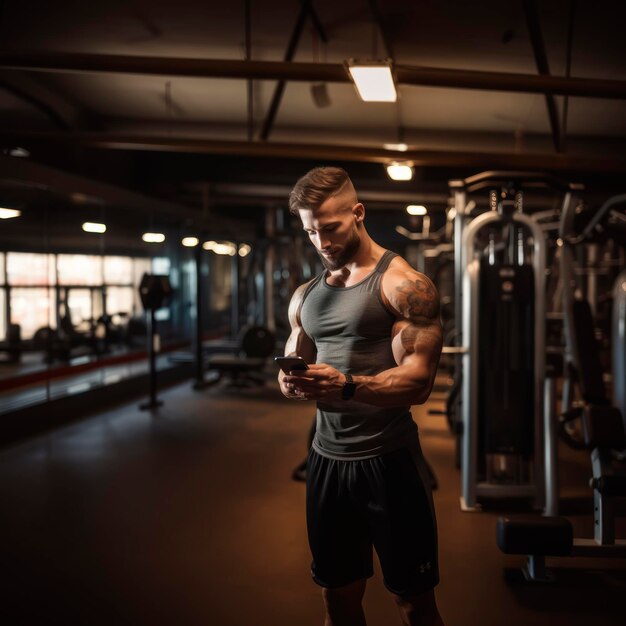 Photo un homme au gymnase avec un téléphone portable.