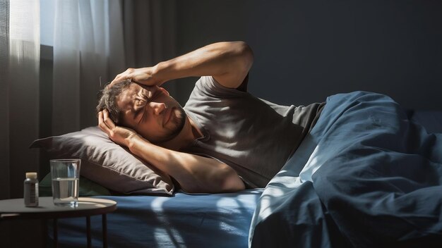 Un homme au lit avec un mal de tête.