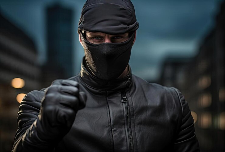 Photo un homme au masque noir prêt à voler avec un poing ouvert dans le style de la vie quotidienne