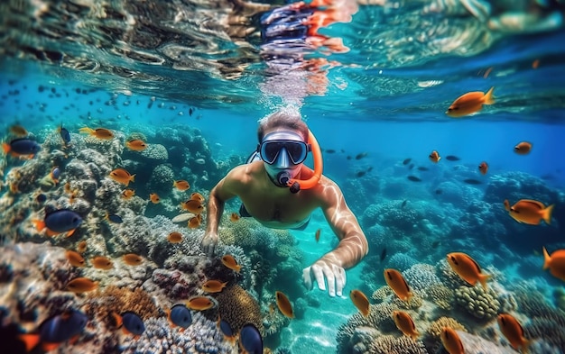 L'homme au masque de plongée plonge sous l'eau avec des poissons tropicaux dans la piscine de la mer des récifs coralliens