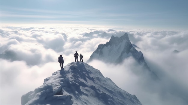 Homme au sommet de la montagne marchant à travers le papier peint d'escalade blanche de l'art généré par l'IA