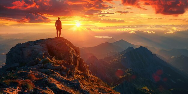 Un homme au sommet d'une montagne regardant le paysage brumeux autour Se sentir libre