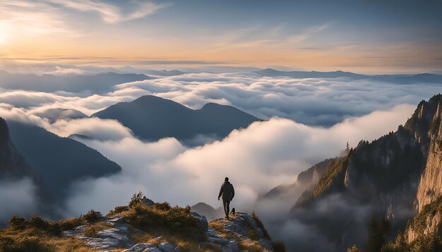 L'homme au sommet de la montagne regarde les beaux nuages
