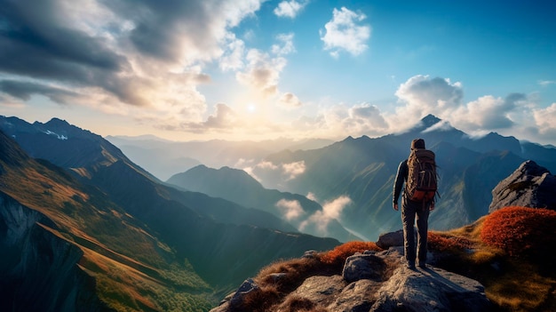 Homme au sommet d'une montagne avec sac à dos Generative AI