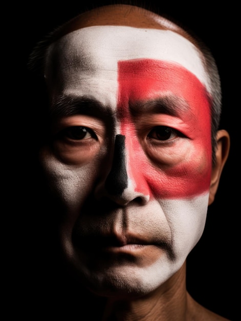 Un homme au visage peint aux couleurs du drapeau japonais.