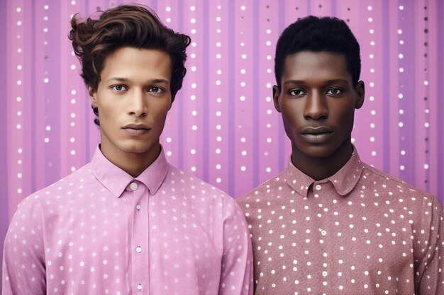 Photo homme au visage avec des points de beauté polka jeune portrait de mode violet à la peau blanche ia générative