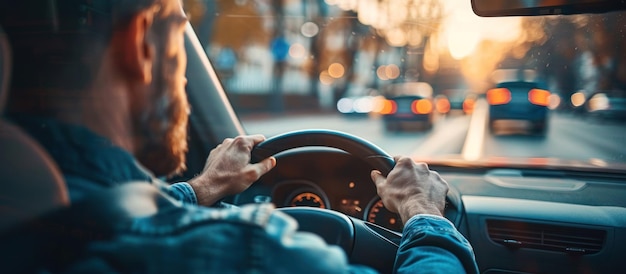 Un homme au volant d'une voiture dans une rue de la ville