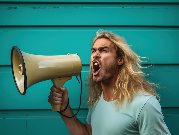 Un homme australien en manifestation avec un mégaphone