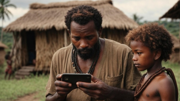 Un homme autochtone africain et son fils étudient le smartphone dans leur village de paille africain