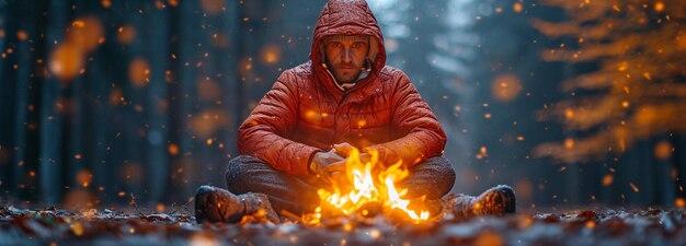 Un homme automnal se réchauffant les mains près d'un feu