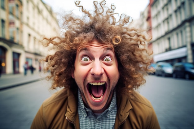 Photo un homme aux cheveux bouclés fait une drôle de grimace