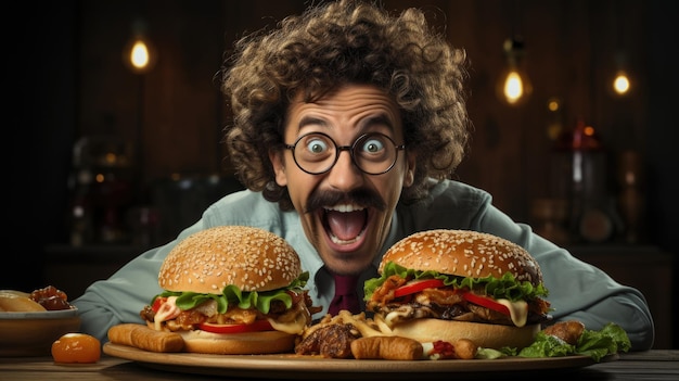 un homme aux cheveux bouclés et des lunettes avec des hamburgers sur une assiette