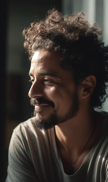 Un homme aux cheveux bouclés sourit à la caméra.