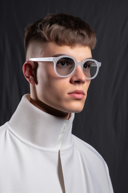 Un homme aux cheveux courts portant des lunettes de soleil blanches avec le mot coupé sur le devant.