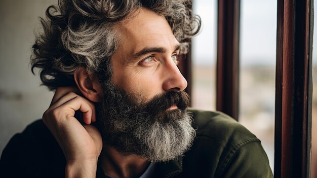 Un homme aux cheveux gris et à la barbe qui regarde par la fenêtre